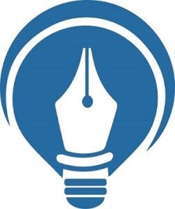 Blue light bulb logo with fountain pen nib inside