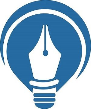 Blue light bulb logo with a fountain pen nib inside in white